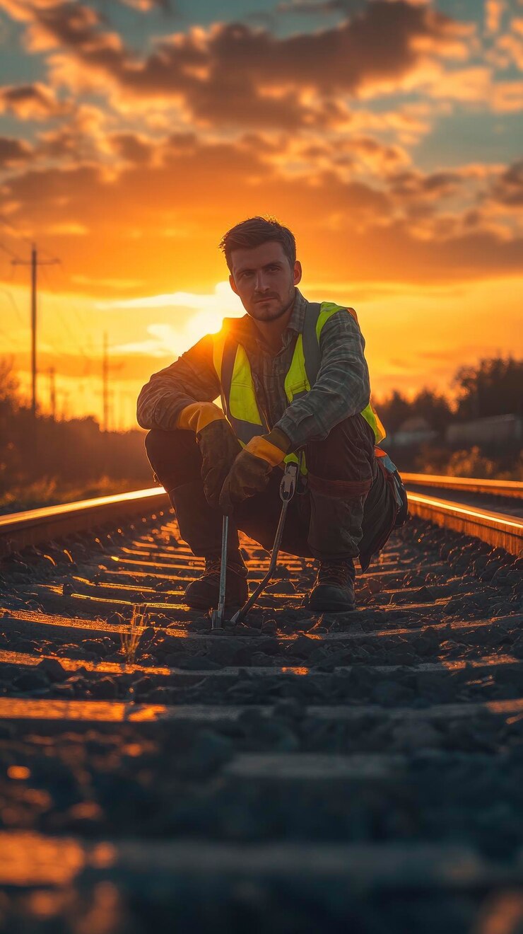Model looking railway maintenance worker portrait repairing a track kneeling down with tools in hand