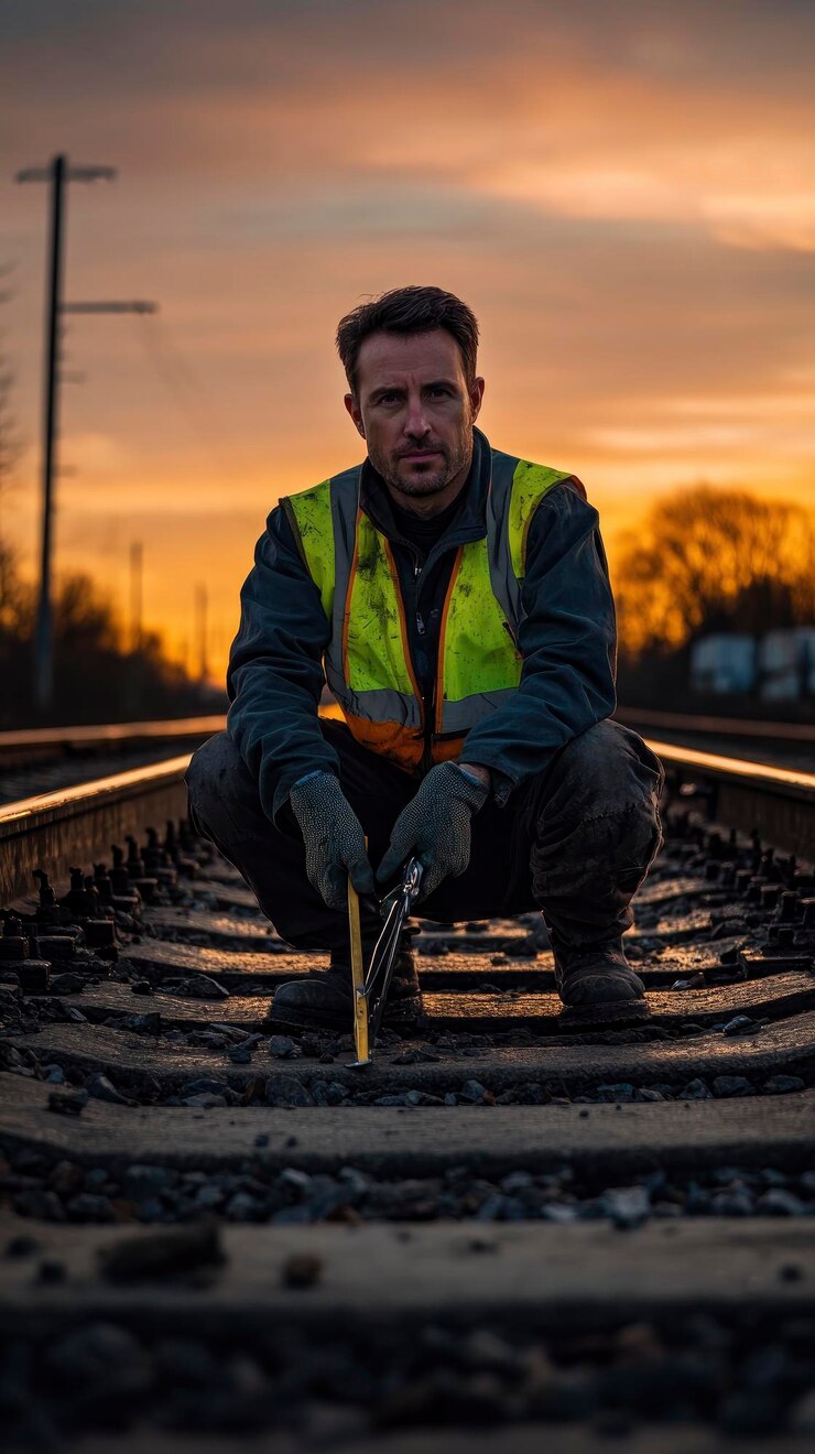 Model looking railway maintenance worker portrait repairing a track kneeling down with tools in hand