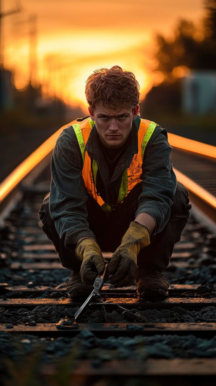 Model looking railway maintenance worker portrait repairing a track kneeling down with tools in hand