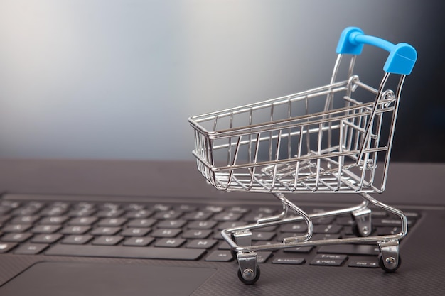 model of a grocery cart on the background of a laptop online shopping websites