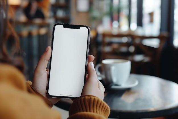 Modelazione dello schermo bianco del cellulare Donna d'affari con la mano che tiene il cellulare con il dito che tocca il vuoto