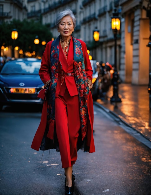 Modella asiatica sessantenne alla settimana della moda di Parigi