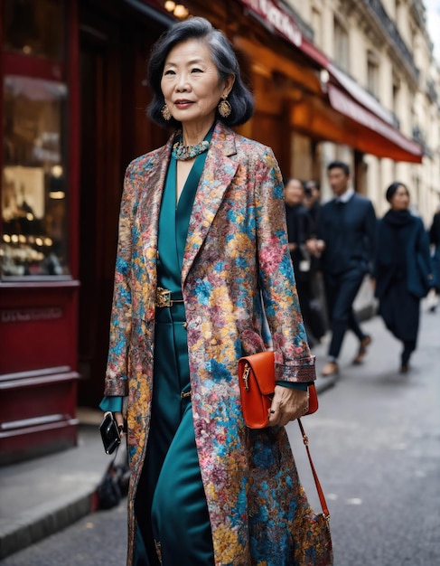 Modella asiatica sessantenne alla settimana della moda di Parigi