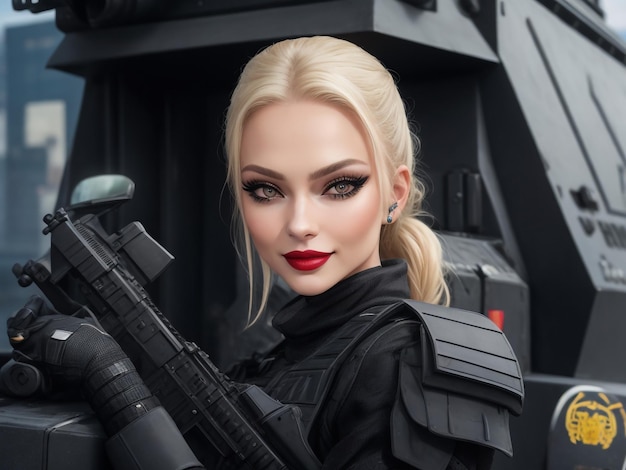 Modella bionda russa con capelli neri e vestito da swat
