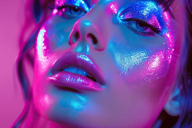 Modella con le labbra d'argento in luci al neon trucco colorato