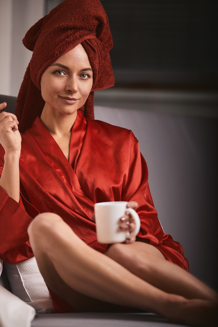 Foto modella con un accappatoio rosso e un asciugamano rosso sul divano con una tazza da caffè e un lecca-lecca. il concetto di moda, il gioco del colore, il minimalismo. riposo dal lavoro, tempo di riposo.