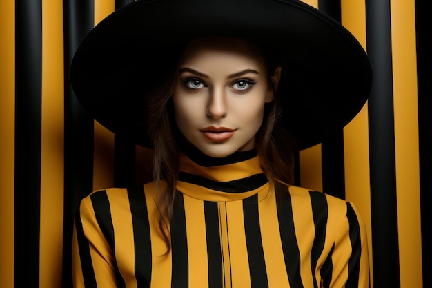 modella da copertina di moda in abito a strisce gialle e nere con cappello alla moda su sfondo a strisce