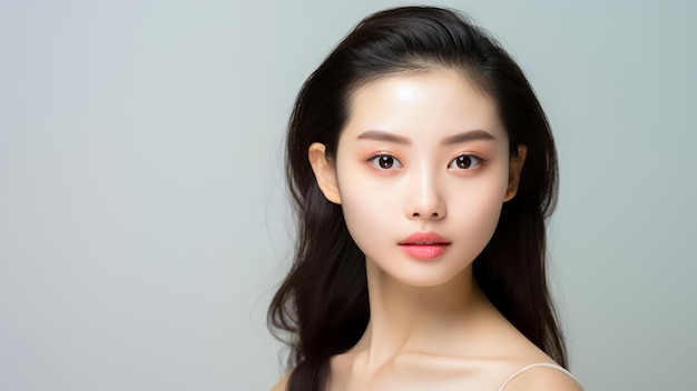 Modella di bellezza asiatica cura della pelle e trucco con pelle facciale sana su spazio vuoto AI Generato