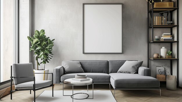 Modella di cornice per poster in ambienti interni moderni sfondo soggiorno stile scandinavo AI Generative