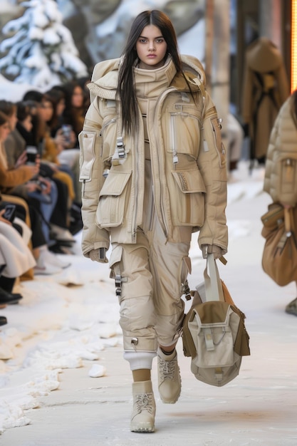 Modella di moda che cammina in abbigliamento invernale in una sfilata di moda con lo sfondo del pubblico