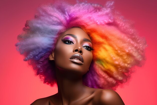 modella di moda che indossa una parrucca afro africana e capelli colorati