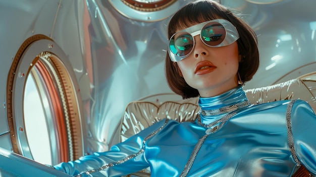 Modella di moda futuristica con occhiali da sole riflettenti e abiti metallici che posano con palloncini d'argento