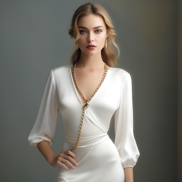 Modella di moda in abito setoso di lusso e stile elegante