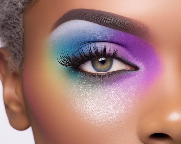 Modella di moda in luci colorate e brillanti con trucco alla moda Closeup dell'occhio della donna