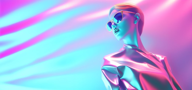 Modella di moda olografica che posa contro uno sfondo rosa e blu gradiente AI generativa