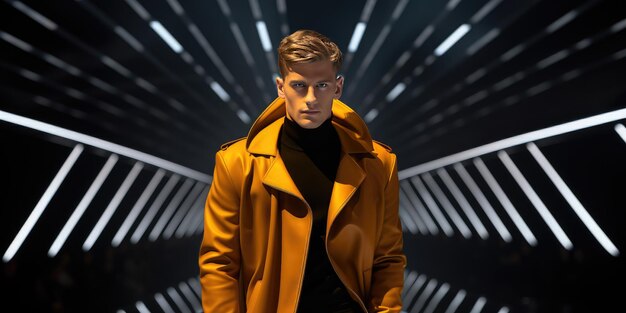 Modella futuristica in cappotto giallo vibrante