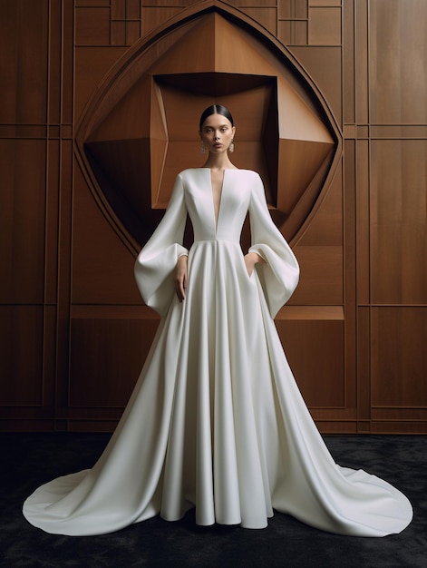 modella in un vestito bianco di un designer di moda