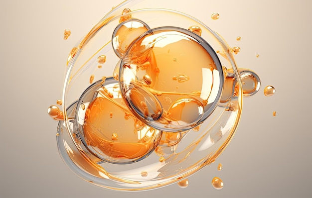 Modellazione 3d della sfera di vetro e delle sue molecole nello stile del beige chiaro e dell'ambra