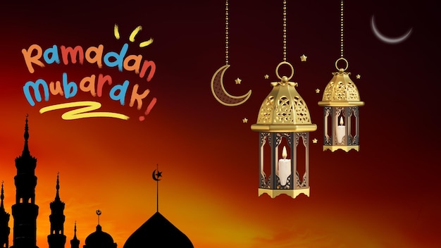 Modellazione 3D Ramadan Kareem con caratteri a colori e sfondo scuro
