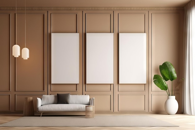 Modellazione della cornice del manifesto in un moderno ambiente di interior design del soggiorno con pannelli di legno per le pareti Generative ai
