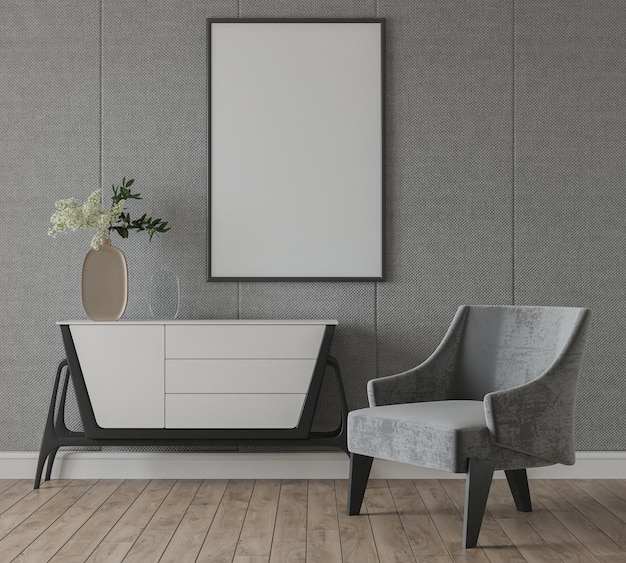 modellazione della cornice del poster in uno sfondo interno moderno salotto 3D rendering illustrazione 3D