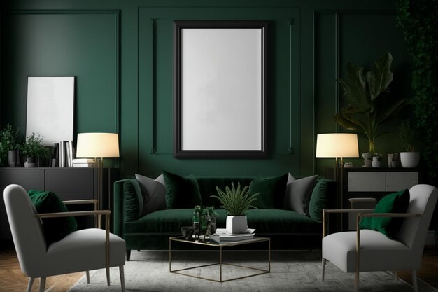 modellazione della cornice nell'interno del soggiorno verde scuro rendering 3D generato da AI