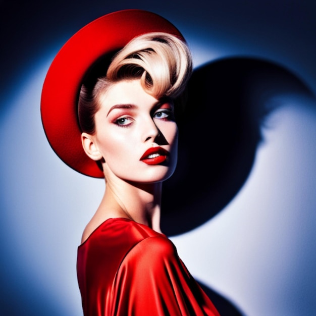 modellazione di giovane donna con abito rosso su sfondo dinamico