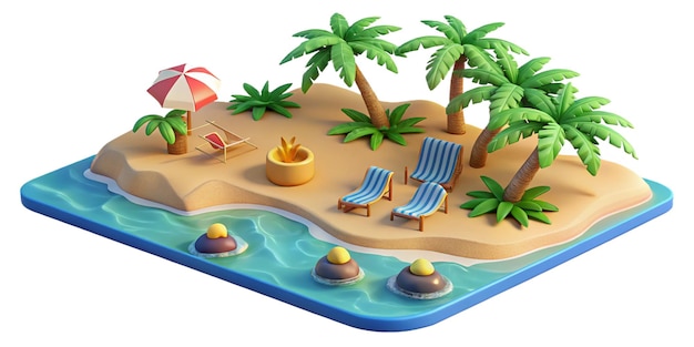 Modelli 3D di isole tropicali con palme, spiagge sabbiose e acqua limpida