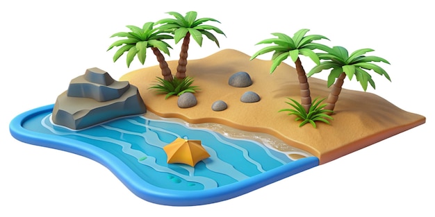 Modelli 3D di isole tropicali con palme, spiagge sabbiose e acqua limpida