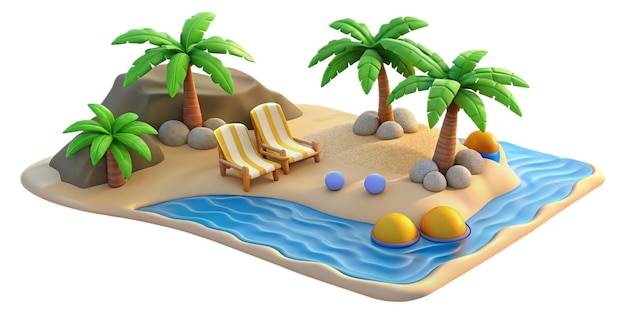 Modelli 3D di isole tropicali con palme, spiagge sabbiose e acqua limpida