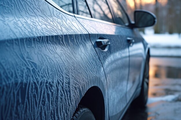 Modelli di brina sulla portiera dell'auto con particolare attenzione alla serratura ghiacciata creata con l'IA generativa