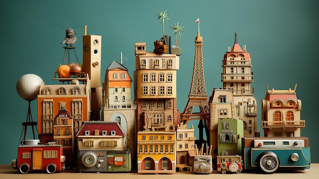 Modelli di edifici e una macchina fotografica con adorabili sculture giocattolo Concetto di viaggio con punti di riferimento