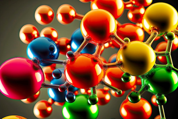 Modelli luminosi da atomi lucidi multicolori in primo piano della molecola