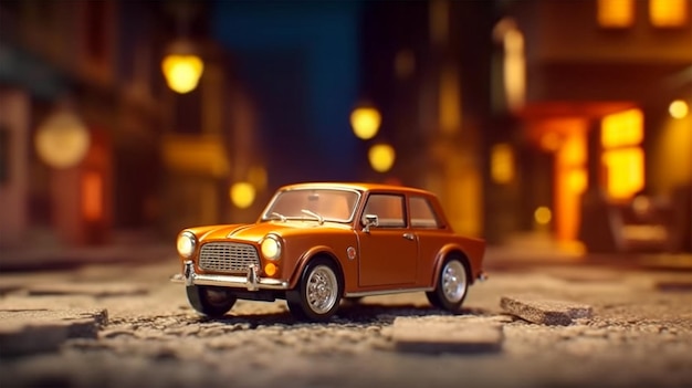 Modellino auto in Diorama con lampadina sulla città notturna Generative Ai