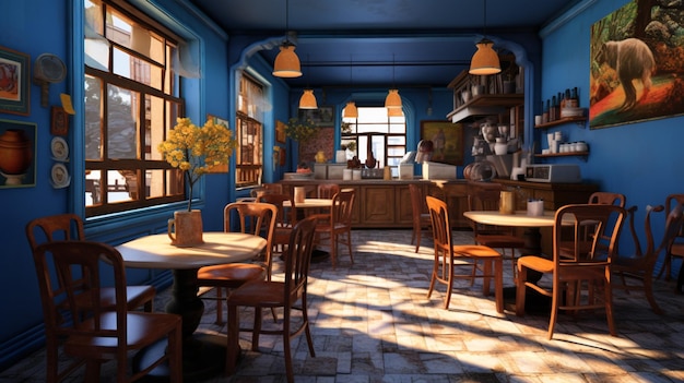 Modello 3d coffee shop blu e fantasia