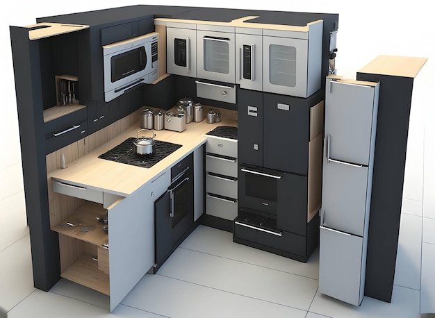 Modello 3D compatto ed elegante di una KitcheninaBox portatile per piccoli spazi