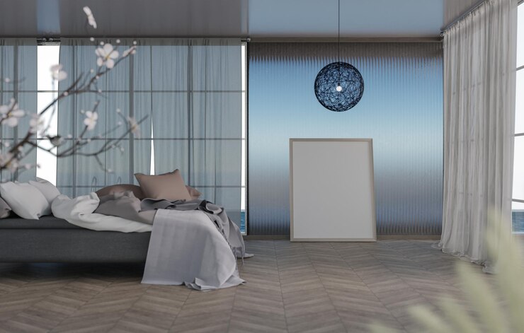 Foto modello 3d cornice fotografica vuota in camera da letto alla villa della piscina