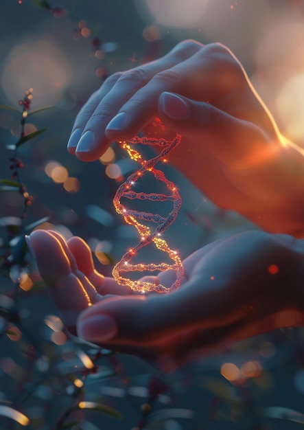 Modello 3D del DNA sulla mano vista irreale