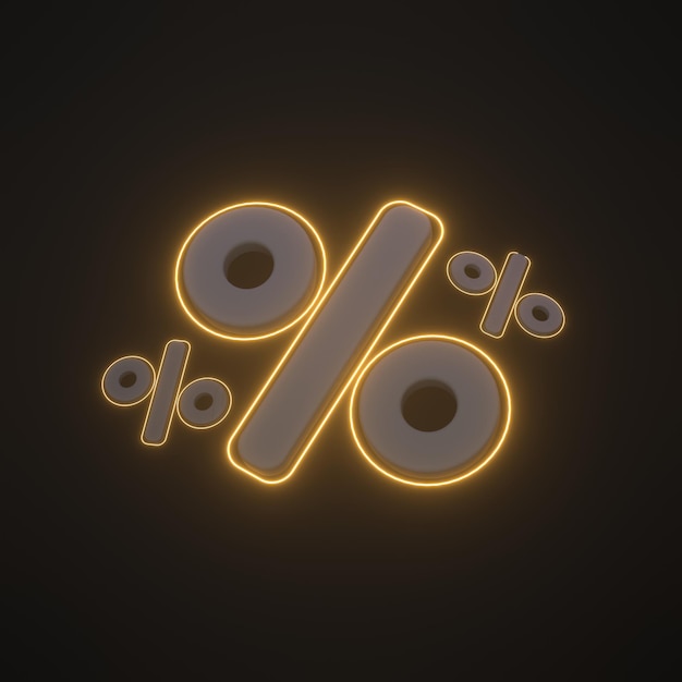 Modello 3D del segno di percentuale ad angolo con bagliore al neon su sfondo nero. illustrazione di rendering 3d.