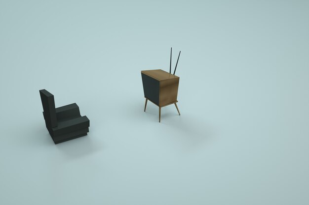Modello 3D della sedia e della TV. Mobili per la casa su uno sfondo colorato. Computer grafica. Oggetti isolati su uno sfondo bianco