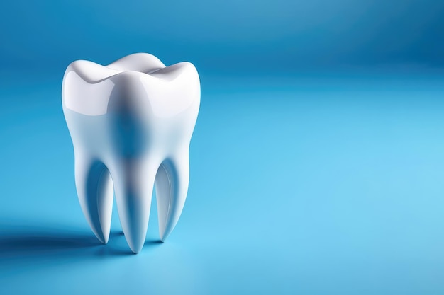 Modello 3D di dente molare bianco e sano su sfondo blu concetto di stomatologia dentale