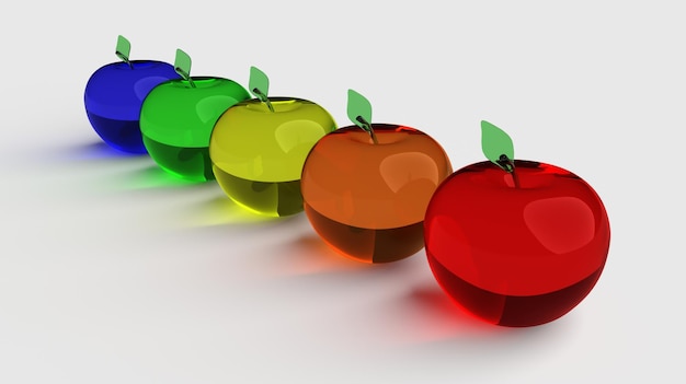 Modello 3D di mela vetrata Mela vetrata colorata Mele vetrata blu verde giallo arancione e rosso Mele 3D colorate luminose