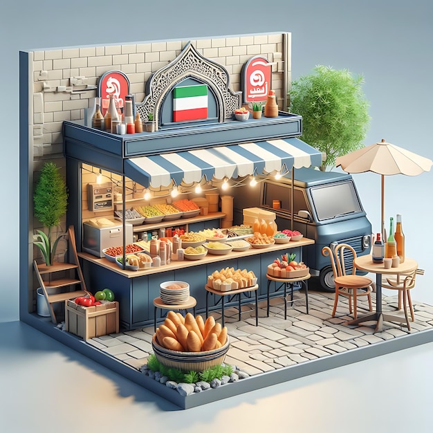 Modello 3D di negozio e ristorante libanese con cibo della cucina libanese modello isometrico 3D