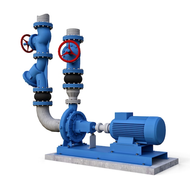 Modello 3D di pompa industriale e sezione di tubo con valvole di intercettazione. illustrazione 3D.