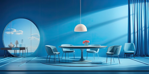 Modello 3D di tavolo rotondo con lampada e tovaglia sullo sfondo blu tavolo rotundo e sedie blu a flusso libero