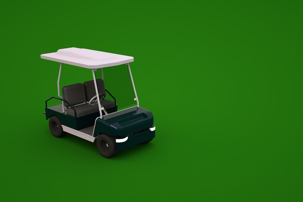 Modello 3d di un'auto da golf sportiva su uno sfondo verde isolato. Golf car isometrica, grafica 3D, primo piano.