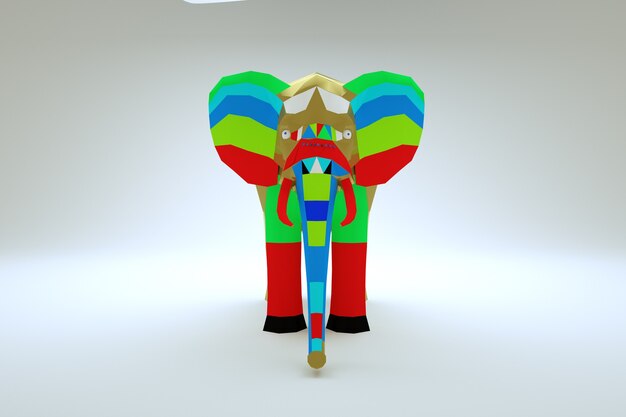 Modello 3d di un elefante grafico multicolore su uno sfondo bianco isolato. Grafica 3d, elefante multicolore nazionale. Avvicinamento