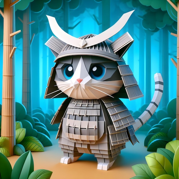 Modello 3D di un gatto samurai in stile origami 3D