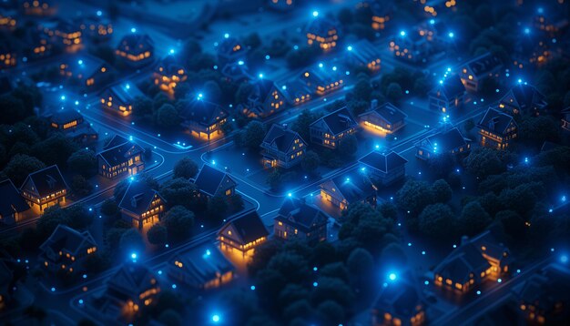 Modello 3D di una città con un sistema di illuminazione sullo sfondo