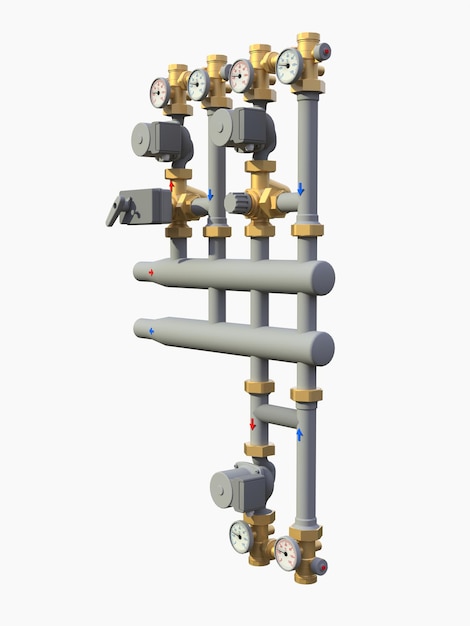 Modello 3d di una pompa industriale e sezione di tubo con valvole di intercettazione su sfondo bianco isolato. illustrazione 3d.